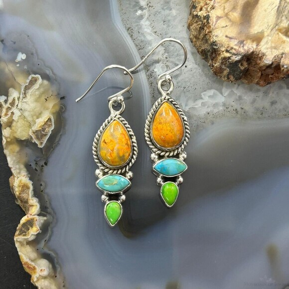 Sterling Silver Southwestern Style Multistone Dangle Earrings For Women #2 - Picture 2 of 10